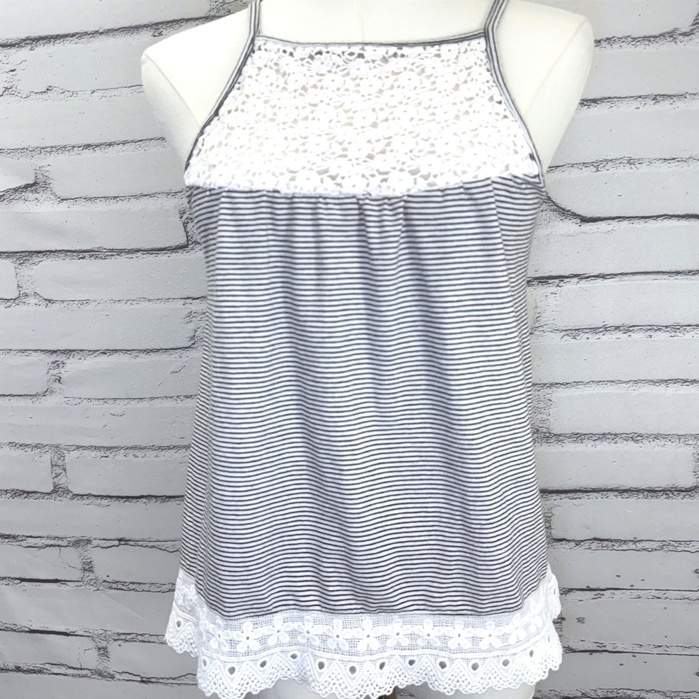 Juniors‎ Black White Striped Crochet Lace Trim Boho Cottagecore Tank Top Cami